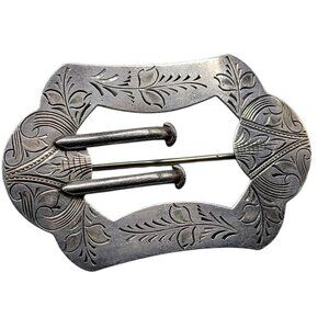 Antique Sterling Silver Hand Engrave Floral Belt Buckle Brooch Signed R.R. c1900